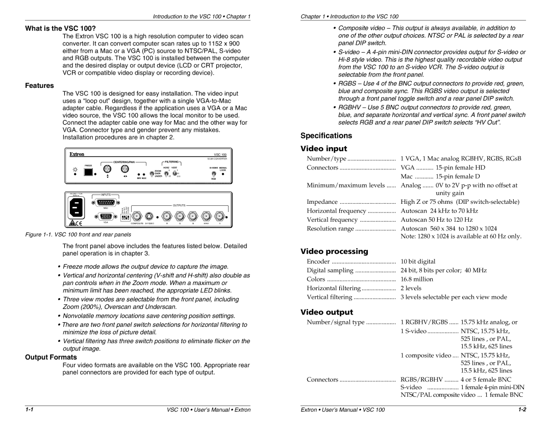 Extron electronic user manual What is the VSC 100?, Features, Output Formats 