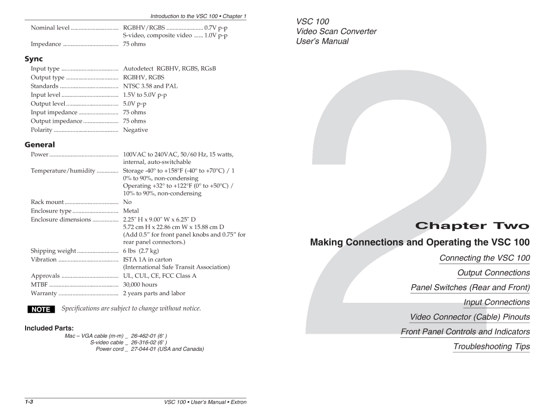 Extron electronic VSC 100 user manual Included Parts, 2Chapter Two 