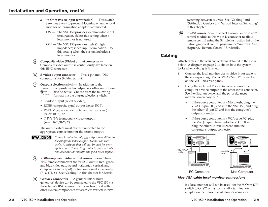 Extron electronic VSC 150 user manual Cabling, Mac-VGA cable local monitor connections 