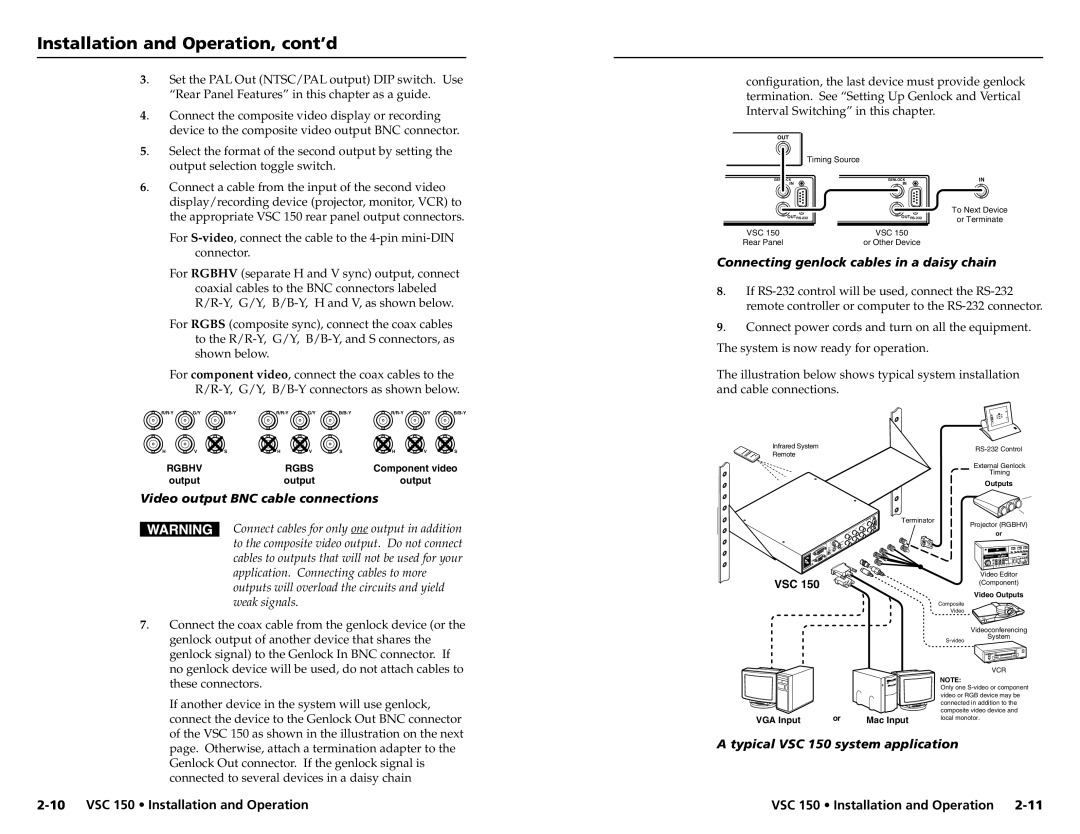 Extron electronic VSC 150 user manual Connecting genlock cables in a daisy chain, Video output BNC cable connections 