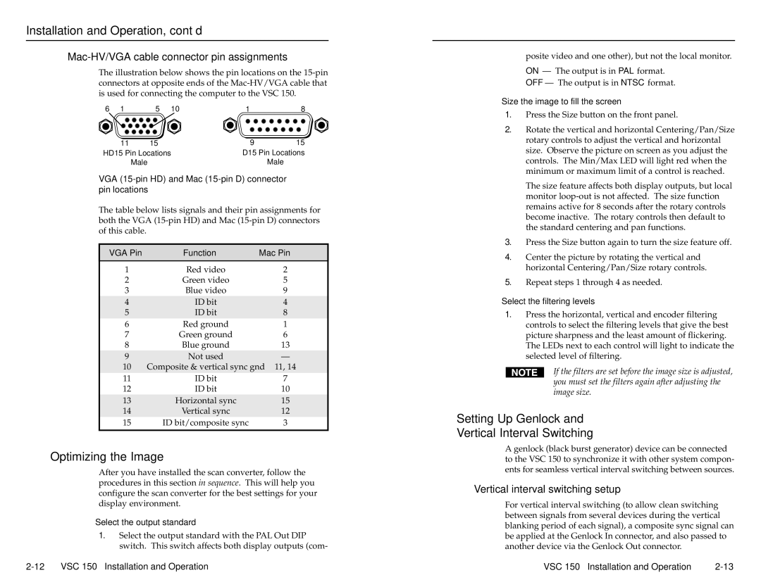 Extron electronic VSC 150 user manual Optimizing the Image, Setting Up Genlock Vertical Interval Switching 