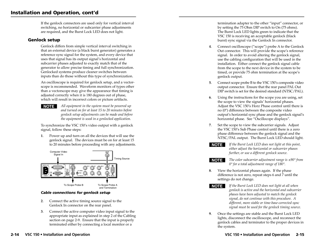 Extron electronic VSC 150 user manual Genlock setup, Cable connections for genlock setup 