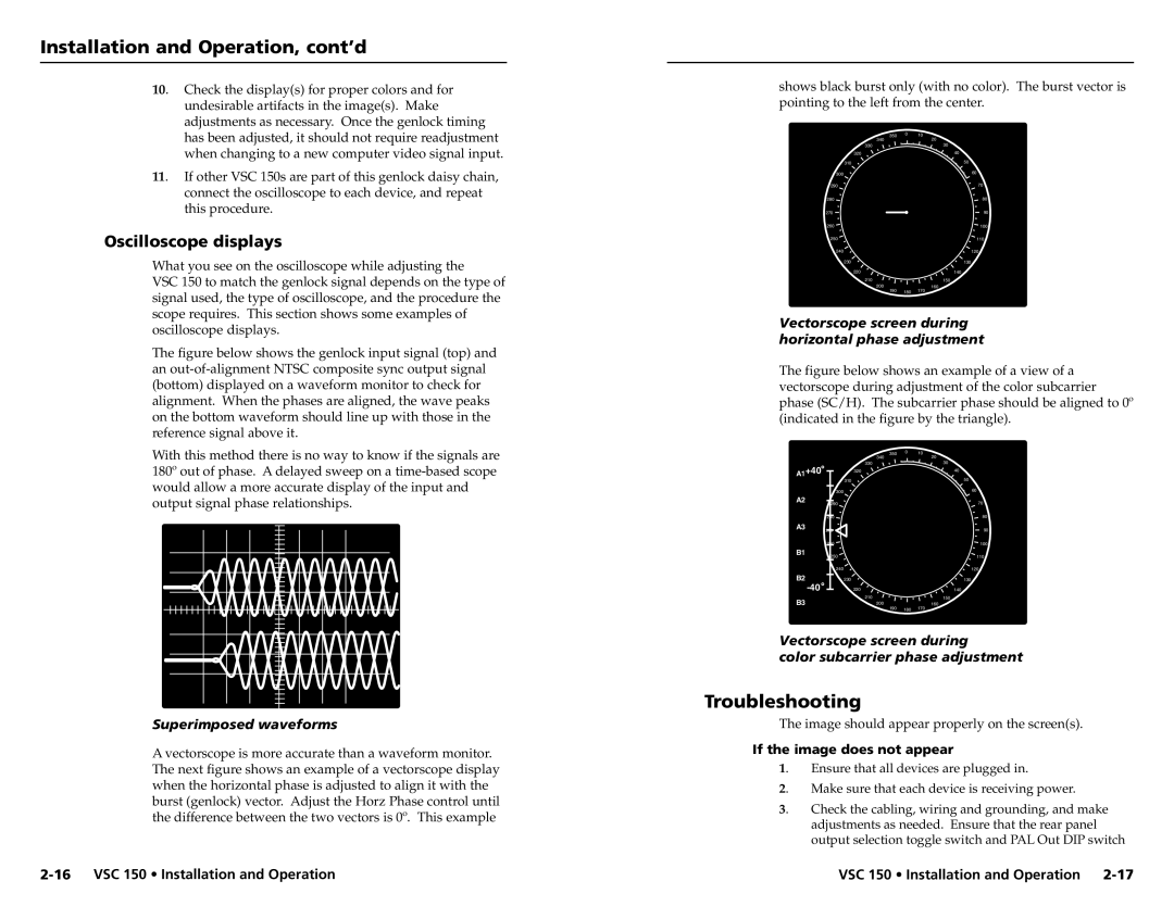 Extron electronic VSC 150 user manual Troubleshooting, Oscilloscope displays, Superimposed waveforms 