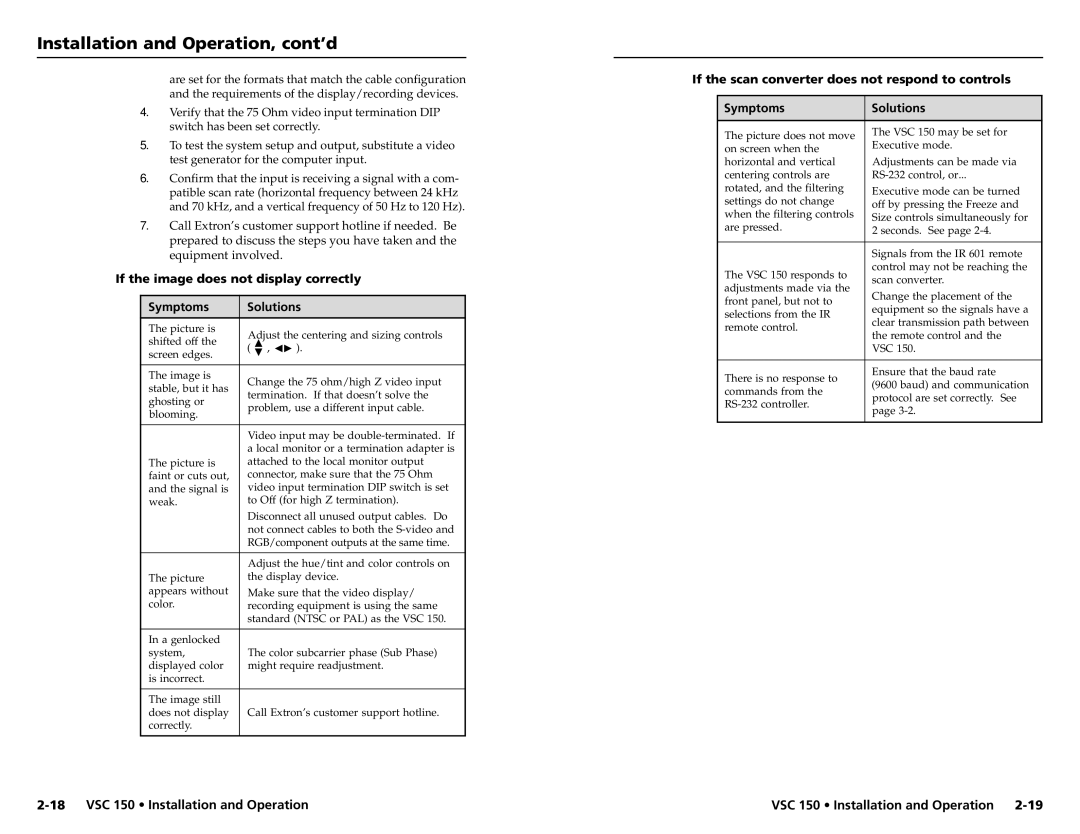 Extron electronic VSC 150 user manual If the image does not display correctly Symptoms Solutions 