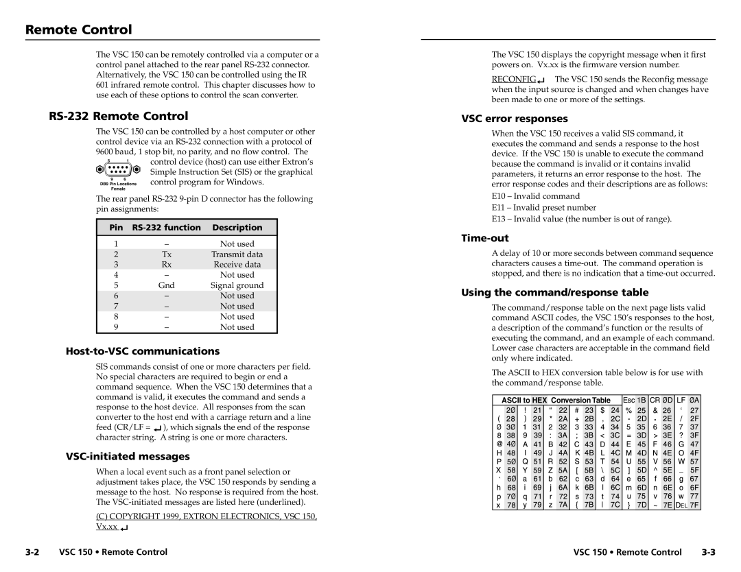 Extron electronic VSC 150 user manual RS-232 Remote Control 