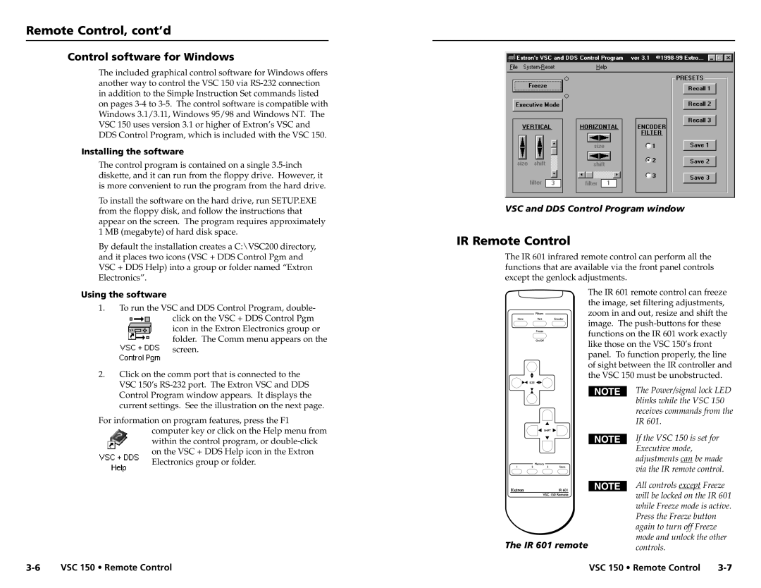 Extron electronic VSC 150 user manual IR Remote Control, Control software for Windows, VSC and DDS Control Program window 