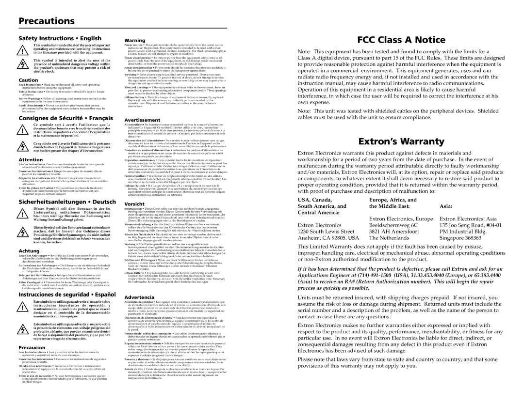 Extron electronic VSC 150 user manual Precautions, FCC Class a Notice, Extron’s Warranty 