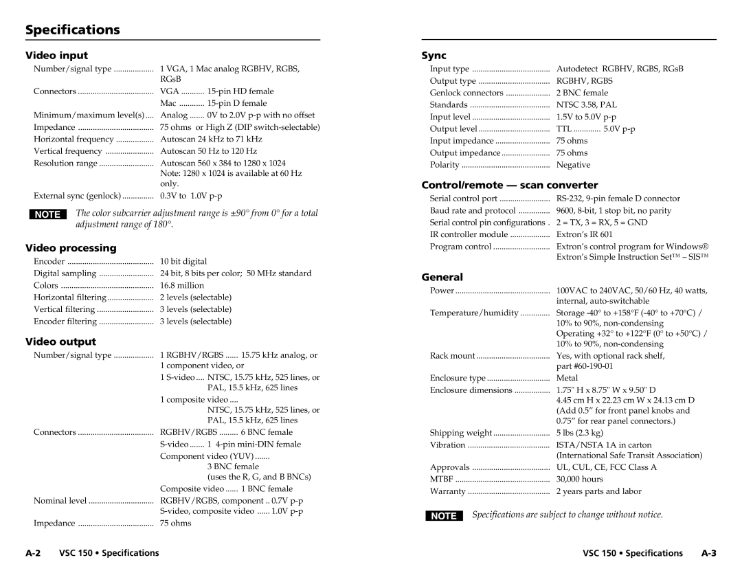 Extron electronic VSC 150 user manual Specifications 