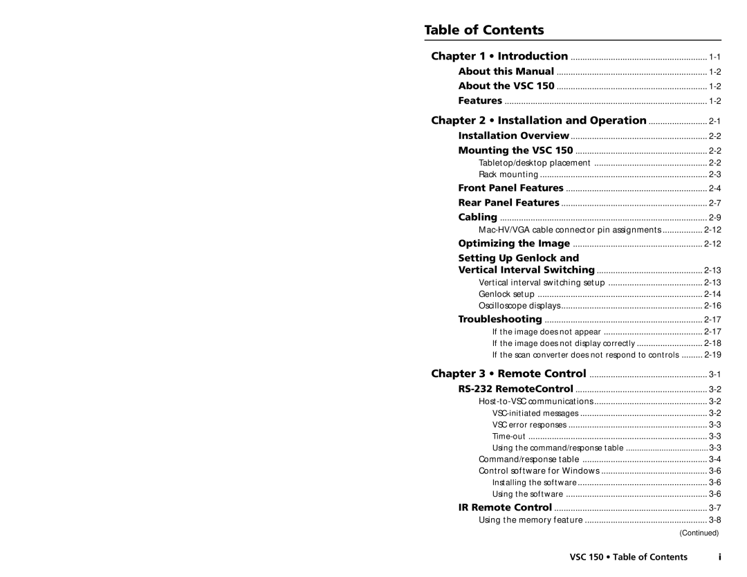 Extron electronic VSC 150 user manual Table of Contents 