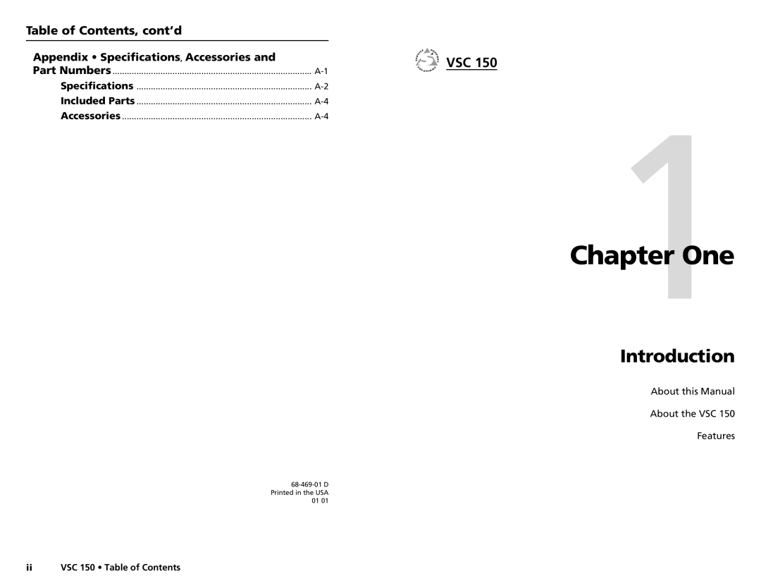 Extron electronic VSC 150 user manual One, Introduction, Vsc, Table of Contents, cont’d 