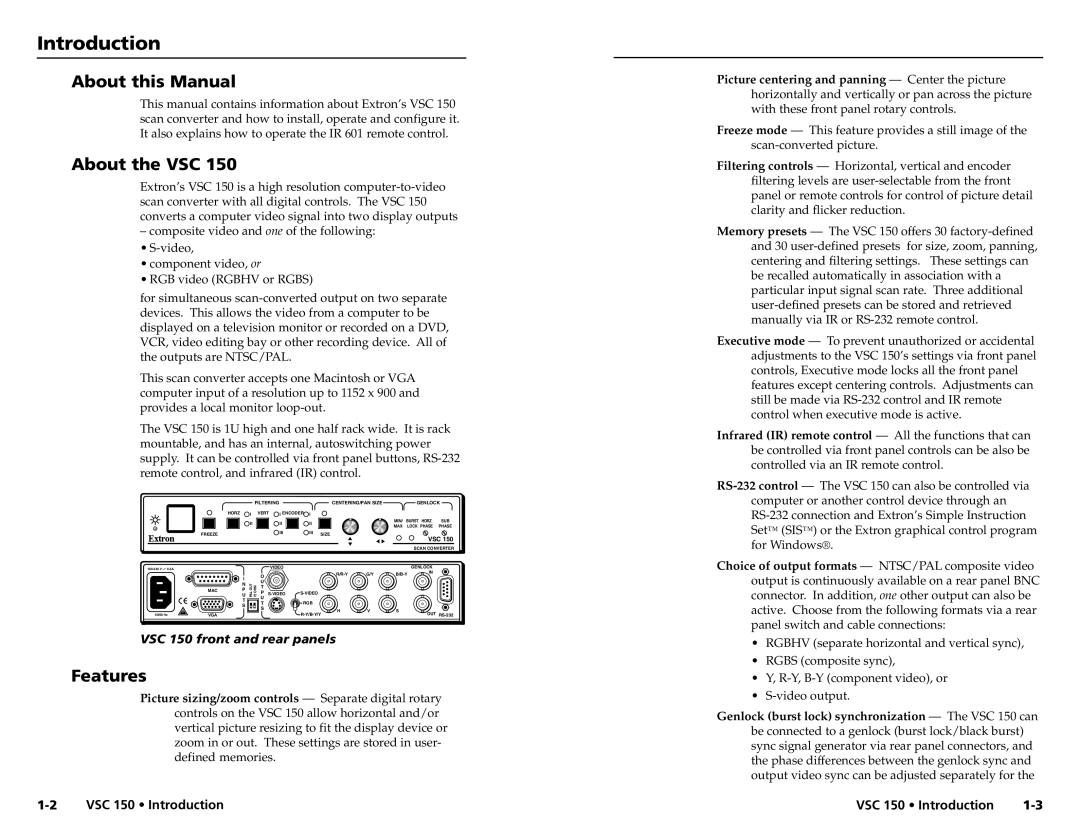 Extron electronic user manual Introduction, About this Manual, About the VSC, Features, VSC 150 front and rear panels 