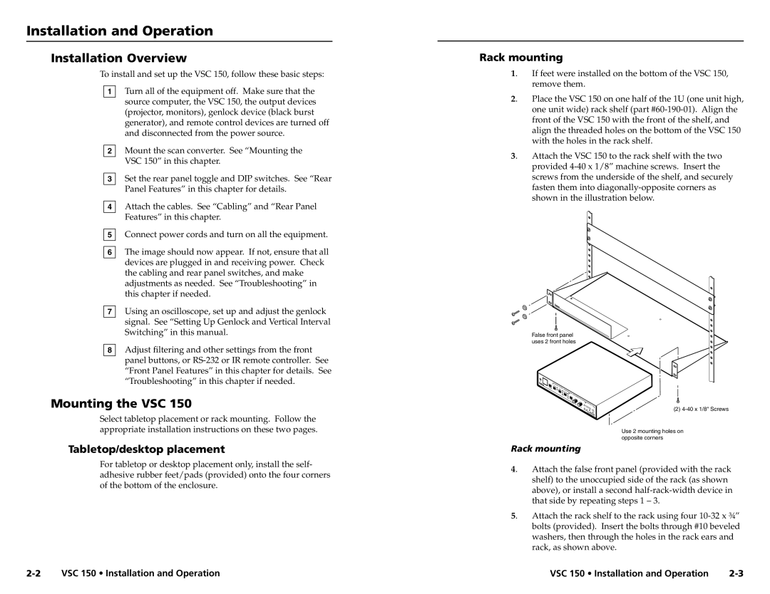 Extron electronic VSC 150 Installation and Operation, Installation Overview, Mounting the VSC, Tabletop/desktop placement 