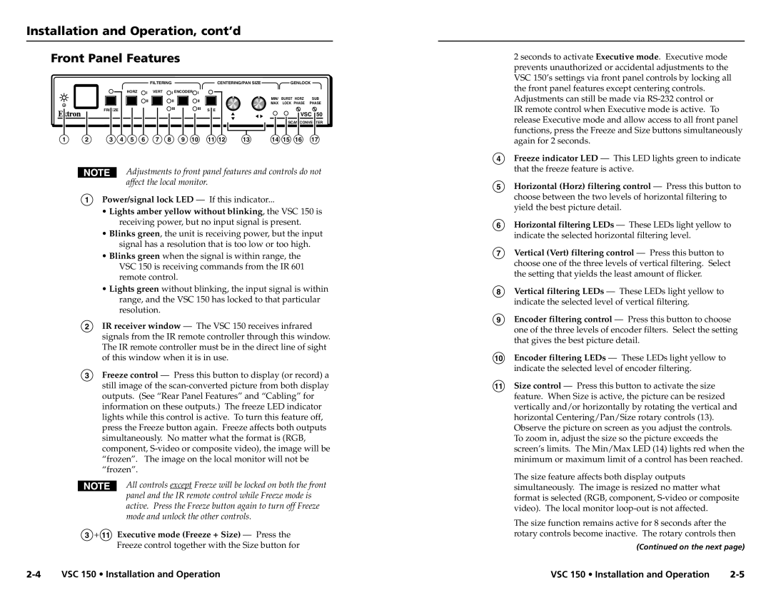 Extron electronic VSC 150 user manual Installation and Operation, cont’d Front Panel Features 