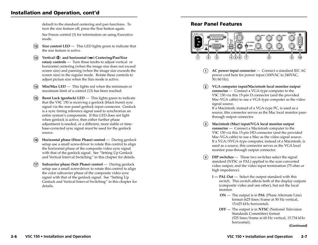 Extron electronic VSC 150 user manual Installation and Operation, cont’d, Rear Panel Features 