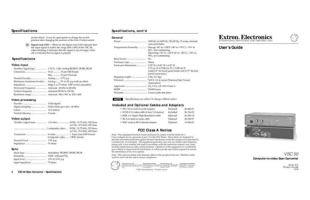 Extron electronic VSC 50 specifications FCC Class a Notice, Specifications, cont’d 