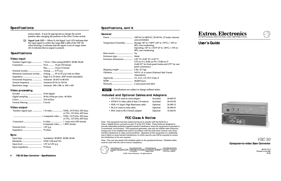 Extron electronic VSC 50 specifications FCC Class A Notice, Specifications, cont’d, Video input, Video processing 