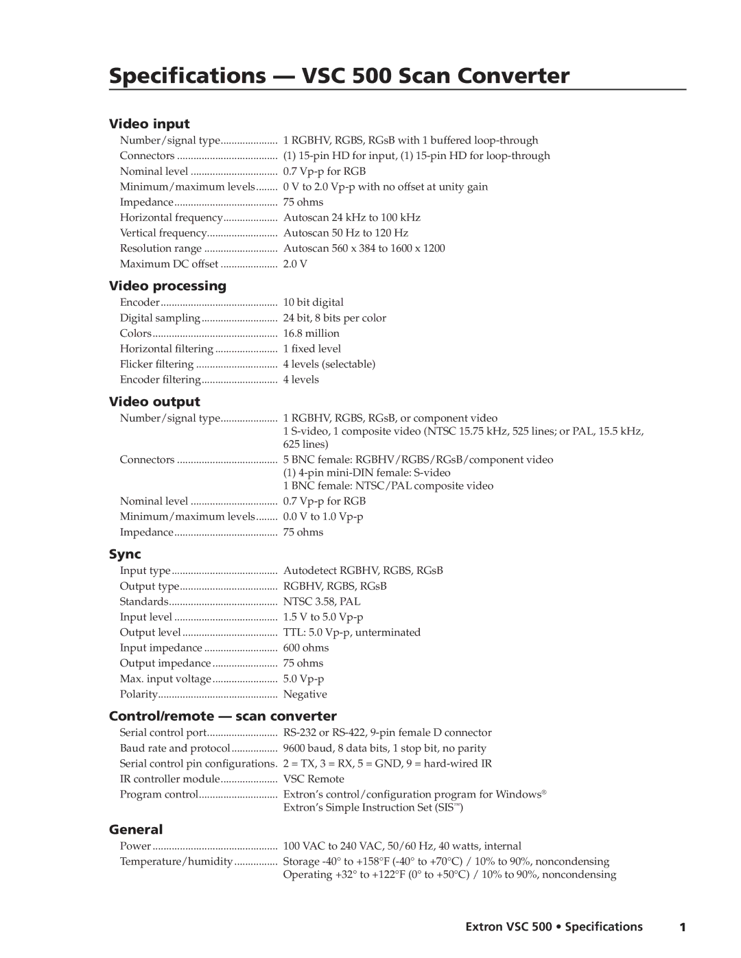 Extron electronic specifications Specifications VSC 500 Scan Converter 