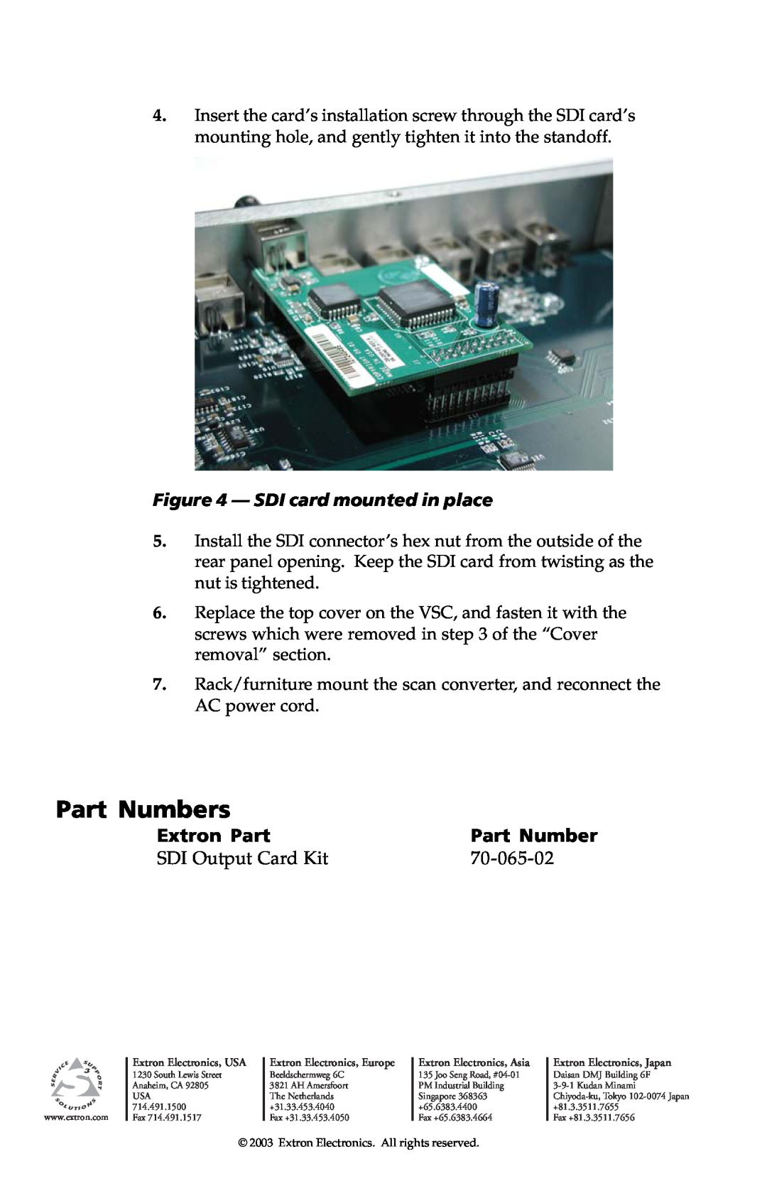 Extron electronic VSC 700/900 SDI OUTPUT CARD Part Numbers, Extron Part, SDI card mounted in place, SDI Output Card Kit 