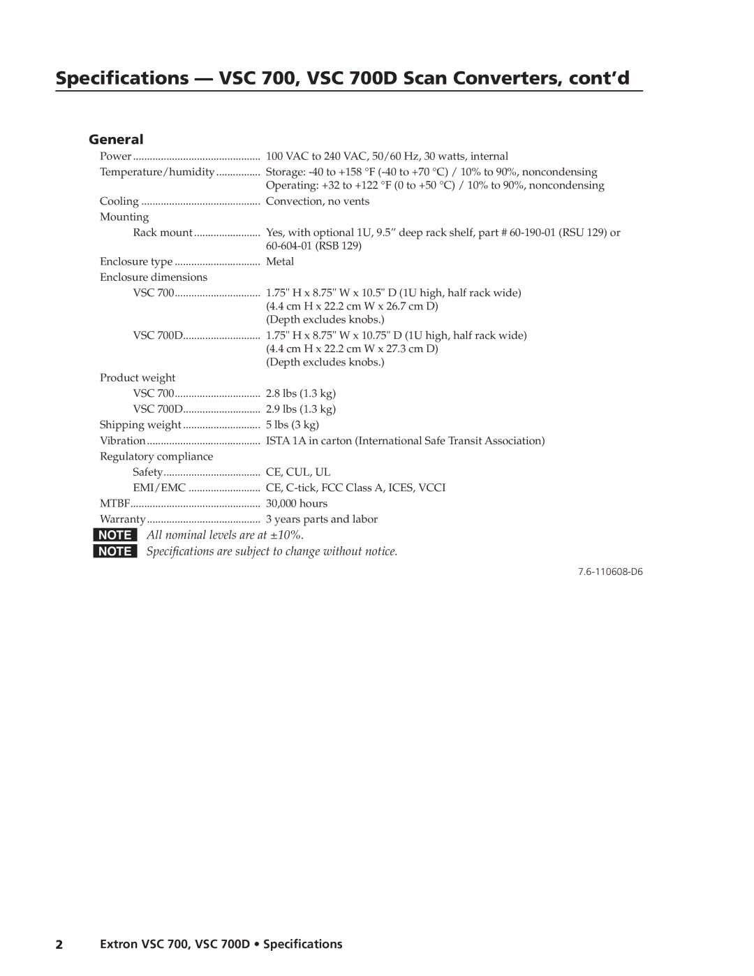 Extron electronic VSC 700D specifications General 