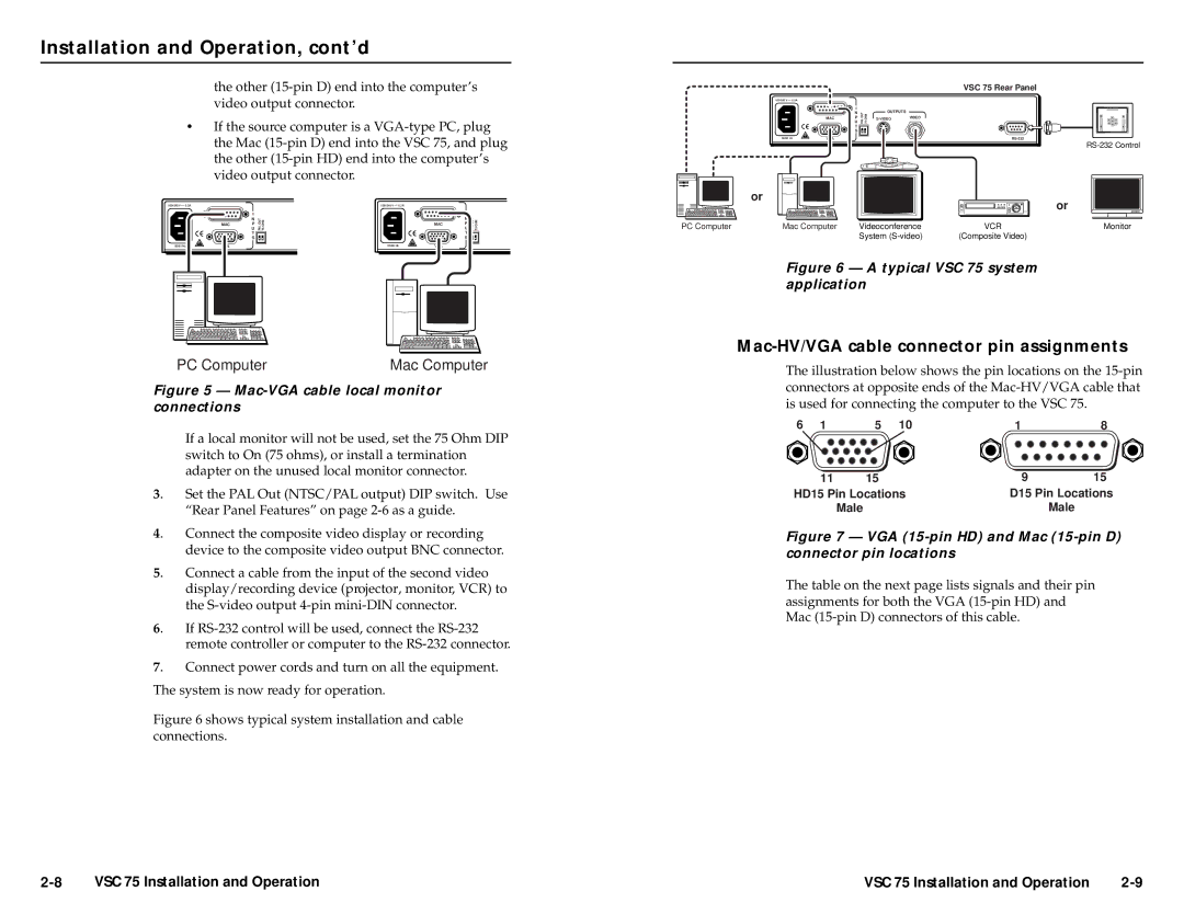 Extron electronic VSC 75 user manual Mac-HV/VGA cable connector pin assignments, PC Computer Mac Computer 