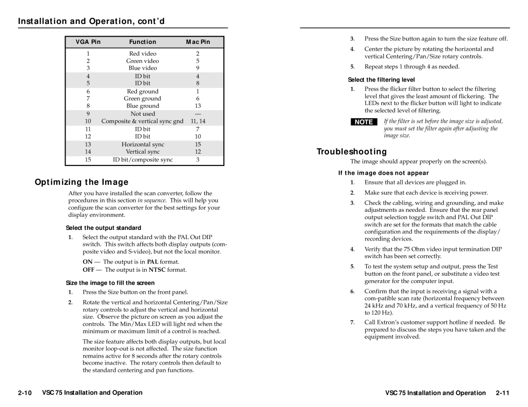 Extron electronic VSC 75 user manual Optimizing the Image, Troubleshooting 