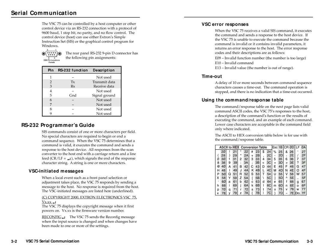 Extron electronic VSC 75 user manual Serial Communication, RS-232 Programmer’s Guide 