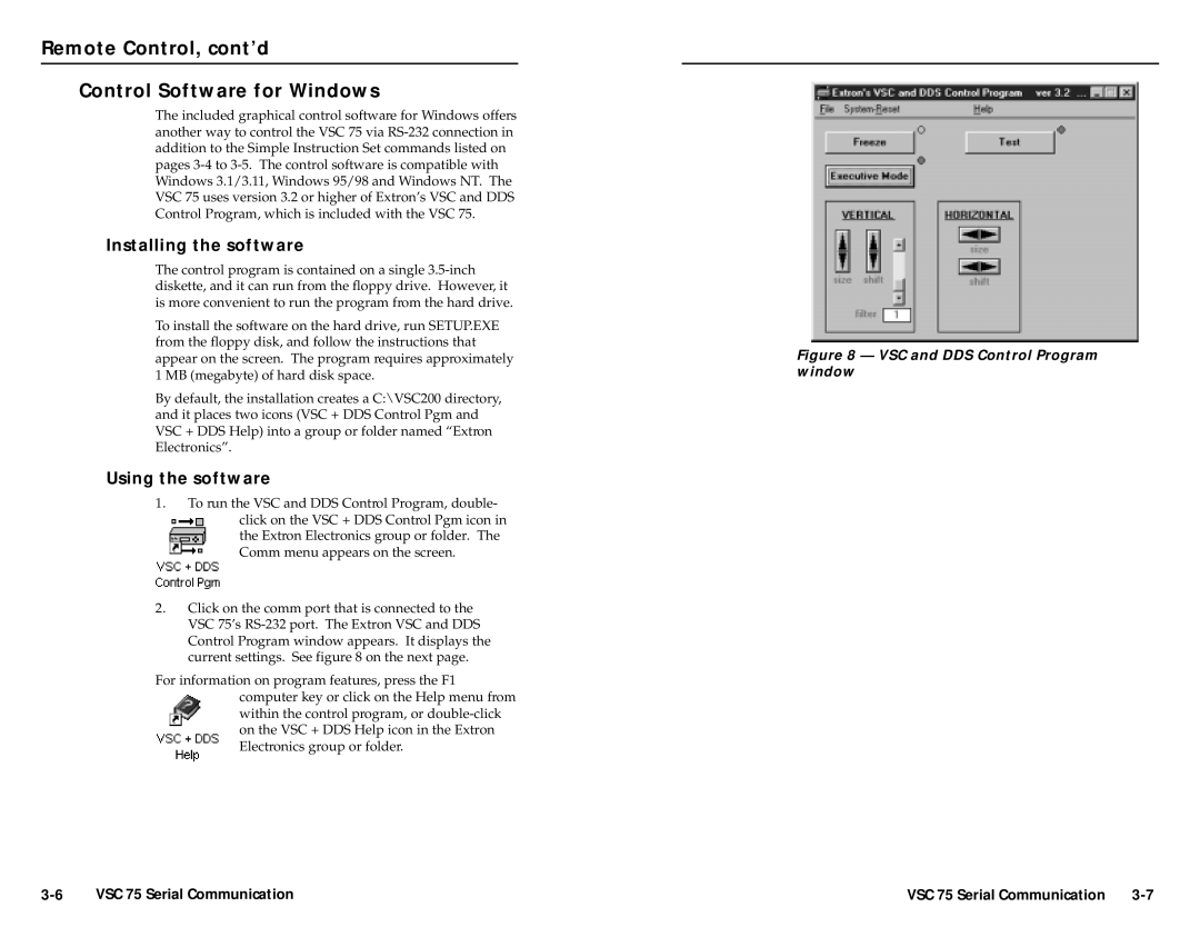 Extron electronic VSC 75 Remote Control, cont’d Control Software for Windows, Installing the software, Using the software 