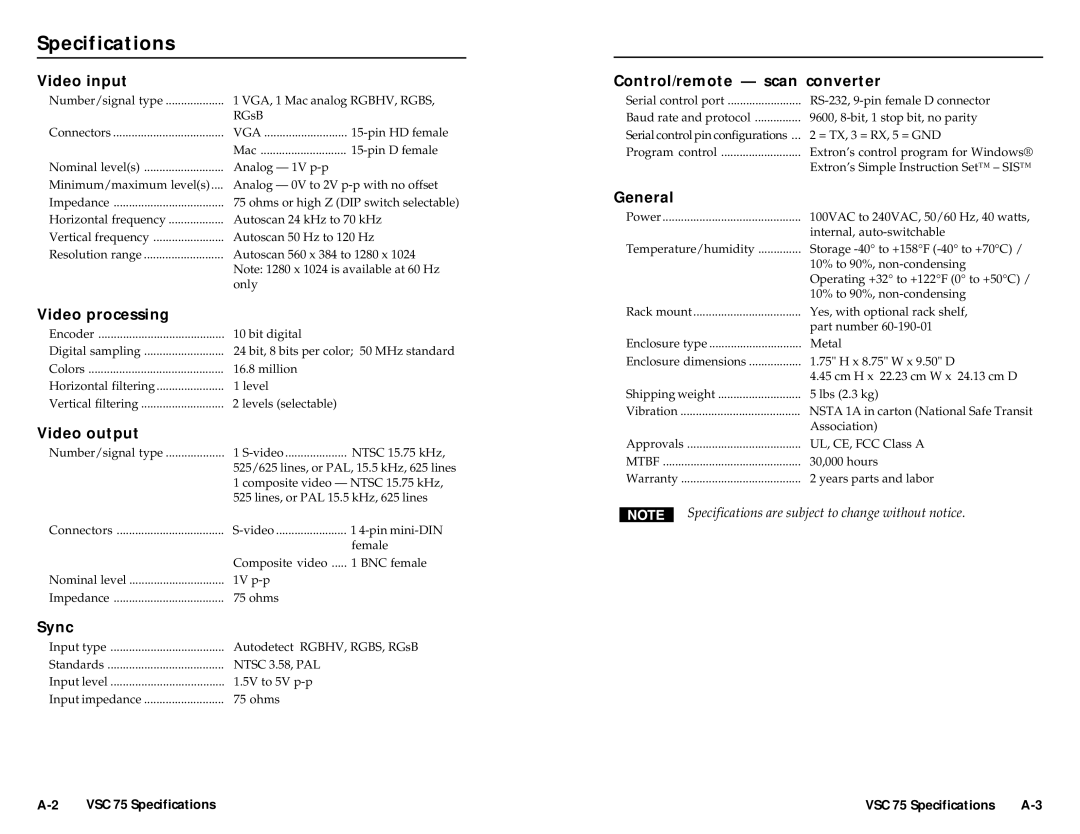 Extron electronic VSC 75 user manual Specifications 