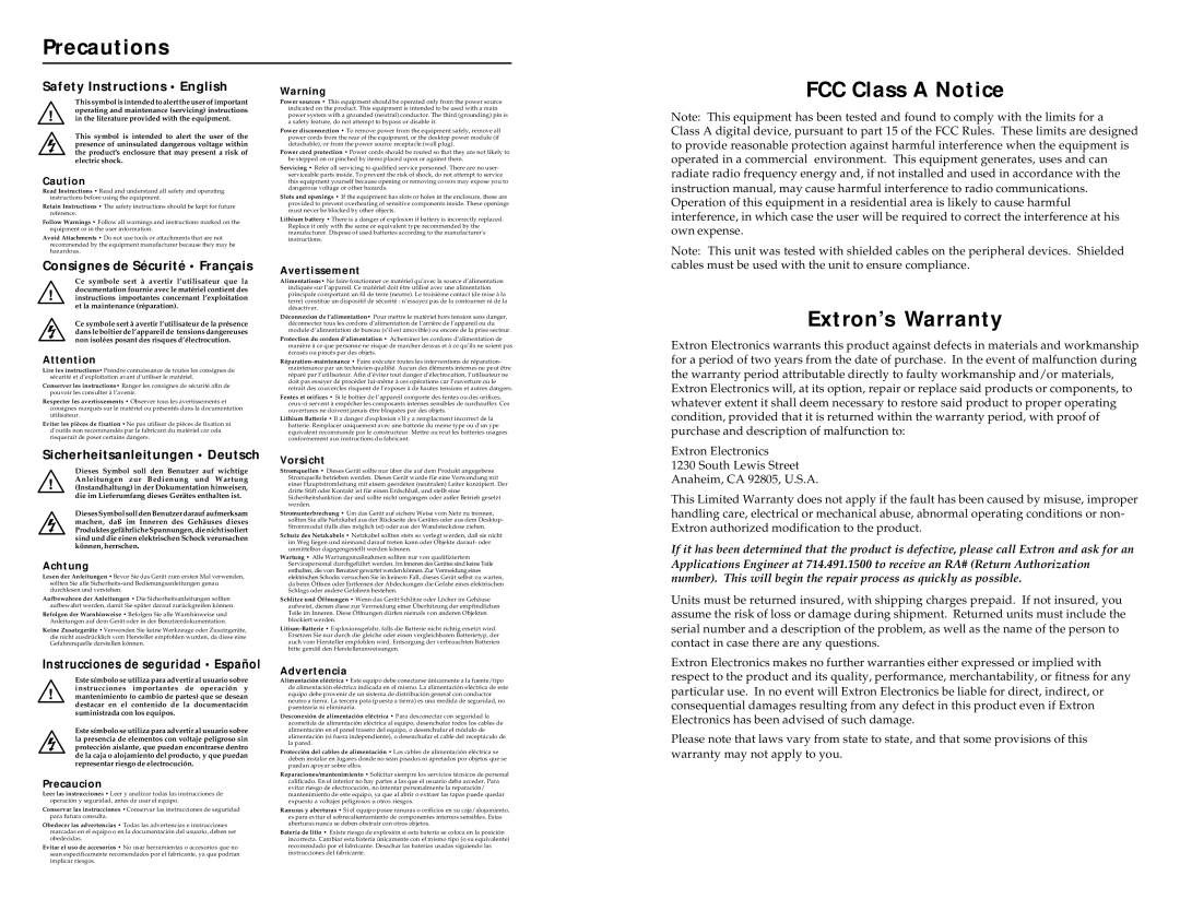 Extron electronic VSC 75 user manual Precautions, FCC Class a Notice, Extron’s Warranty 