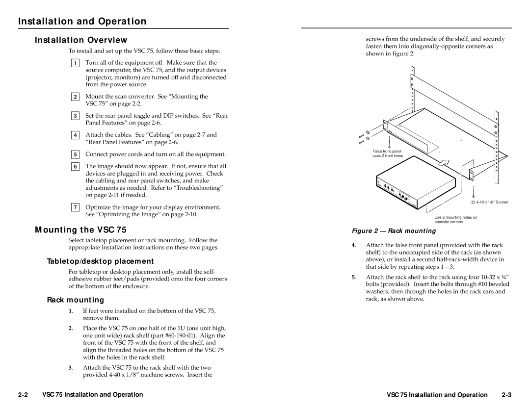 Extron electronic VSC 75 Installation and Operation, Installation Overview, Mounting the VSC, Tabletop/desktop placement 