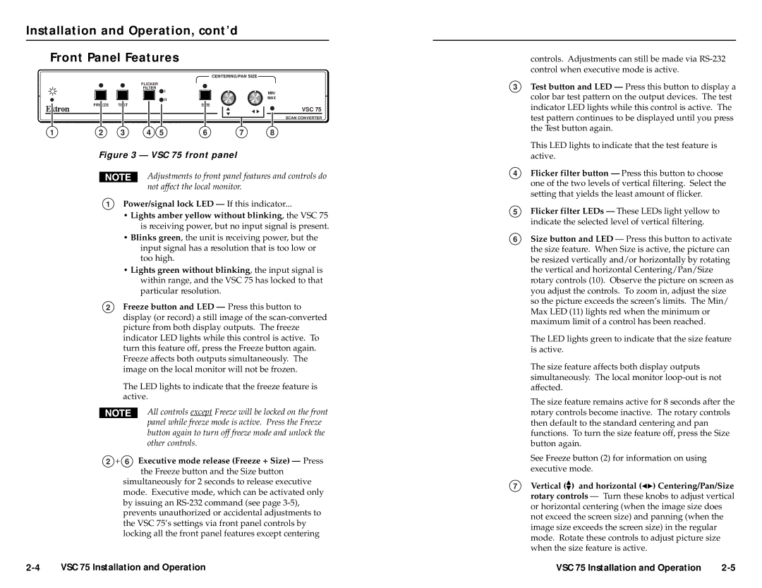 Extron electronic VSC 75 user manual Installation and Operation, cont’d Front Panel Features 