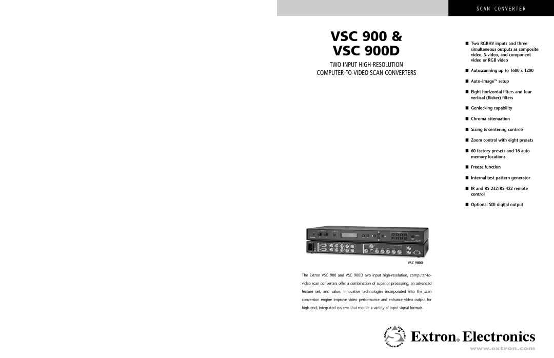 Extron electronic manual VSC VSC 900D, Two Input High-Resolution Computer-To-Video Scan Converters 