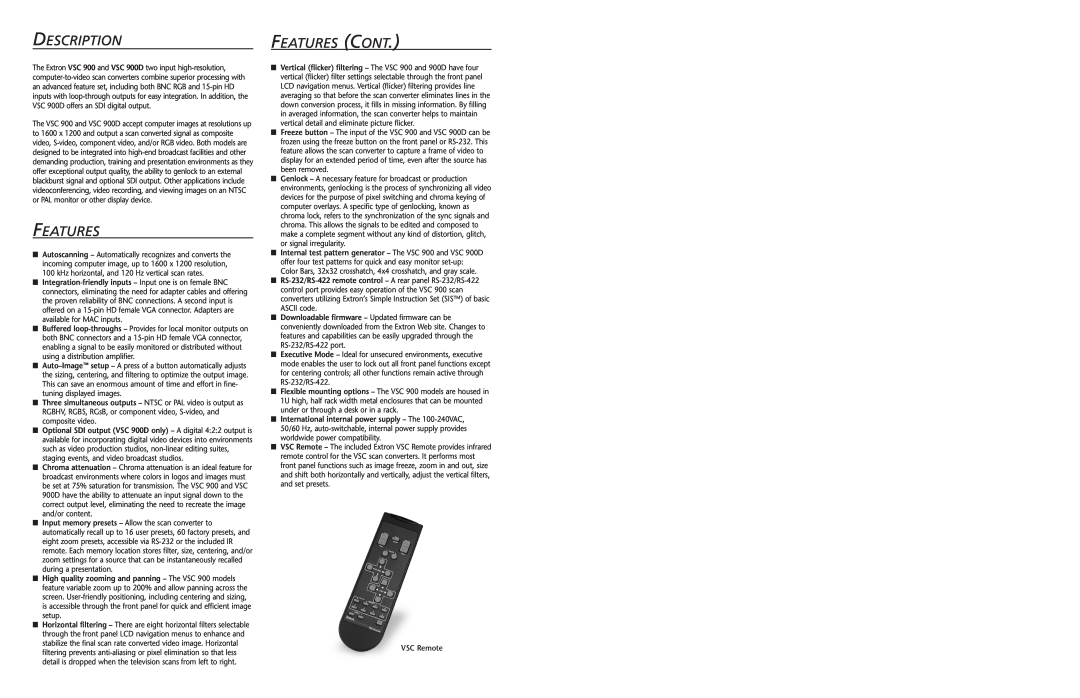Extron electronic VSC 900D manual Description, Features Cont 