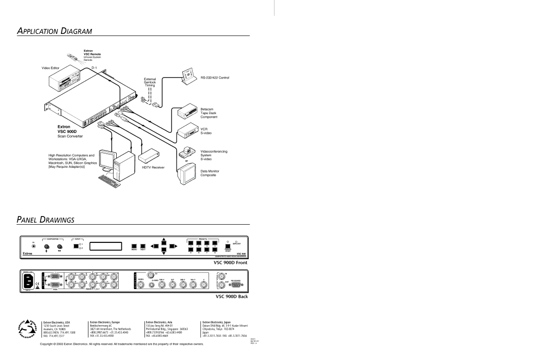 Extron electronic manual Application Diagram, Panel Drawings, VSC 900D Front, VSC 900D Back 