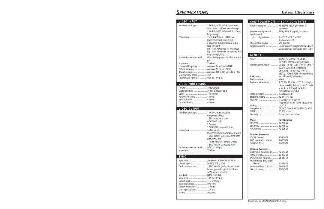 Extron electronic VSC 900D manual Specifications, Model Part Numbers, Included Accessories, Optional Accessories 