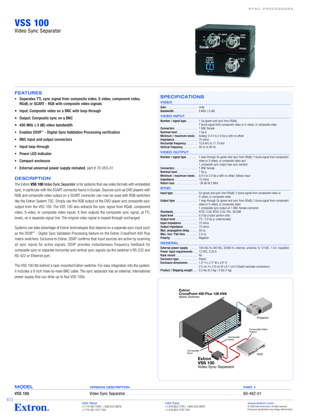 Extron electronic VSS 100 specifications Video Sync Separator, Features, Description, Specifications, Extron VSS, Model 