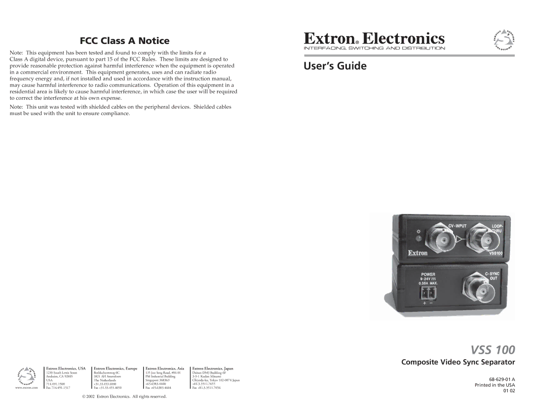 Extron electronic VSS 100 instruction manual FCC Class a Notice, Composite Video Sync Separator 