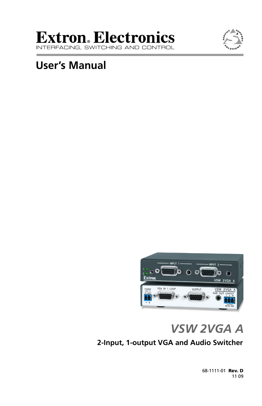 Extron electronic VSW 2VGA A user manual Input, 1-output VGA and Audio Switcher, User’s Manual, 68-1111-01 Rev. D 
