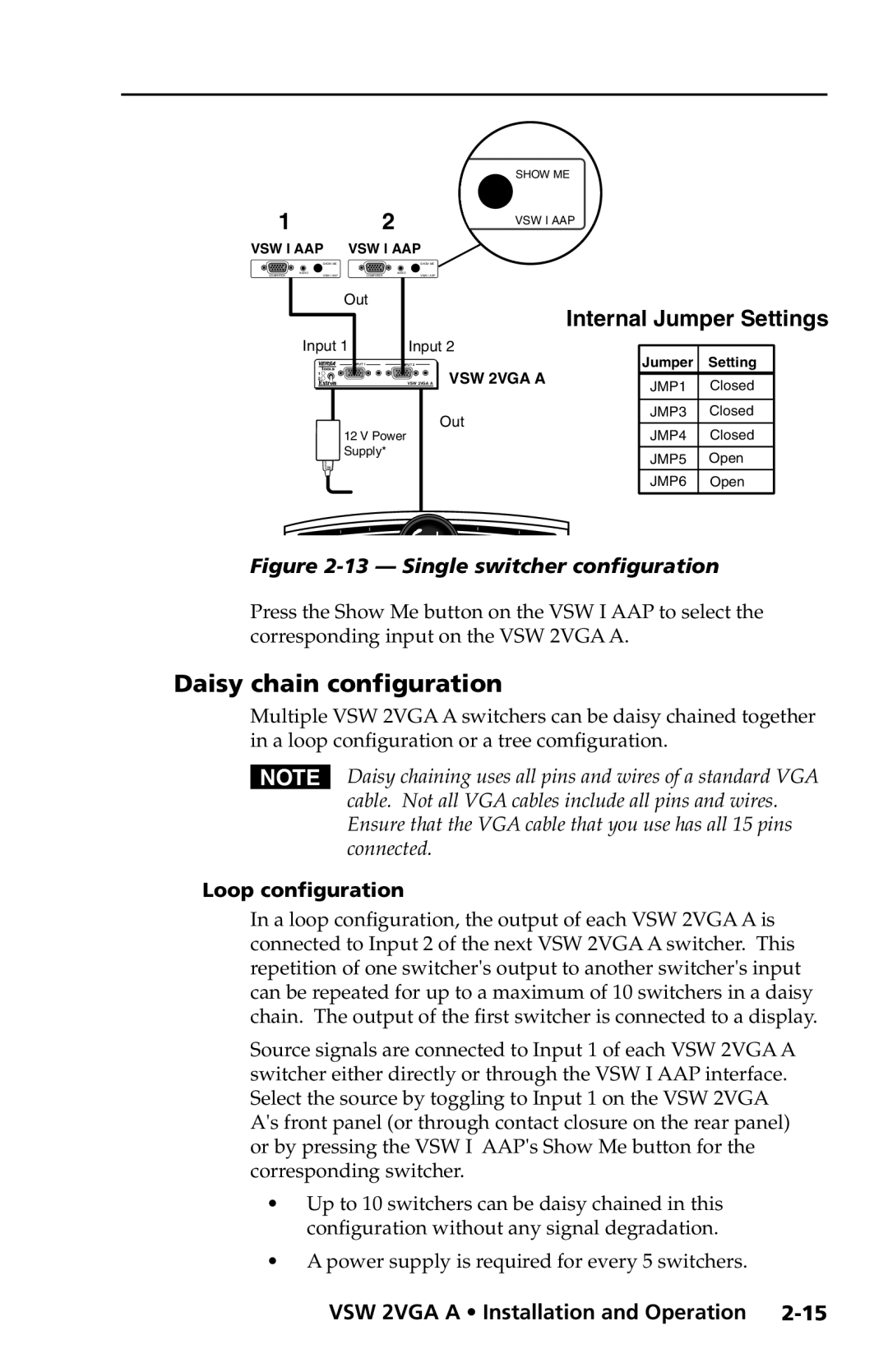 Extron electronic VSW 2VGA A Daisy chain configuration, Internal Jumper Settings, 13 - Single switcher configuration 