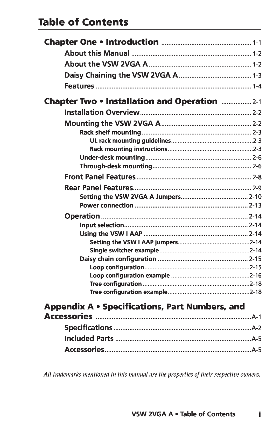 Extron electronic user manual Chapter Two Installation and Operation, VSW 2VGA A Table of Contents 