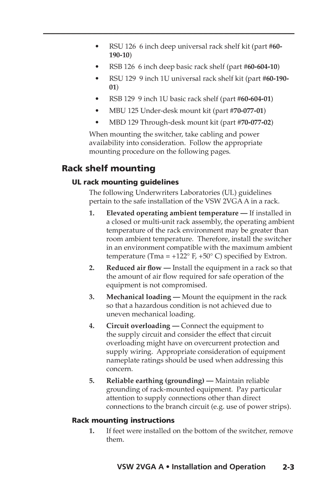 Extron electronic VSW 2VGA A user manual Rack shelf mounting, UL rack mounting guidelines 