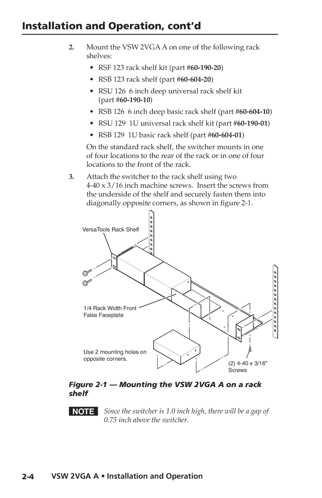 Extron electronic VSW 2VGA A user manual Installation and Operation, cont’d, 60-190-10 