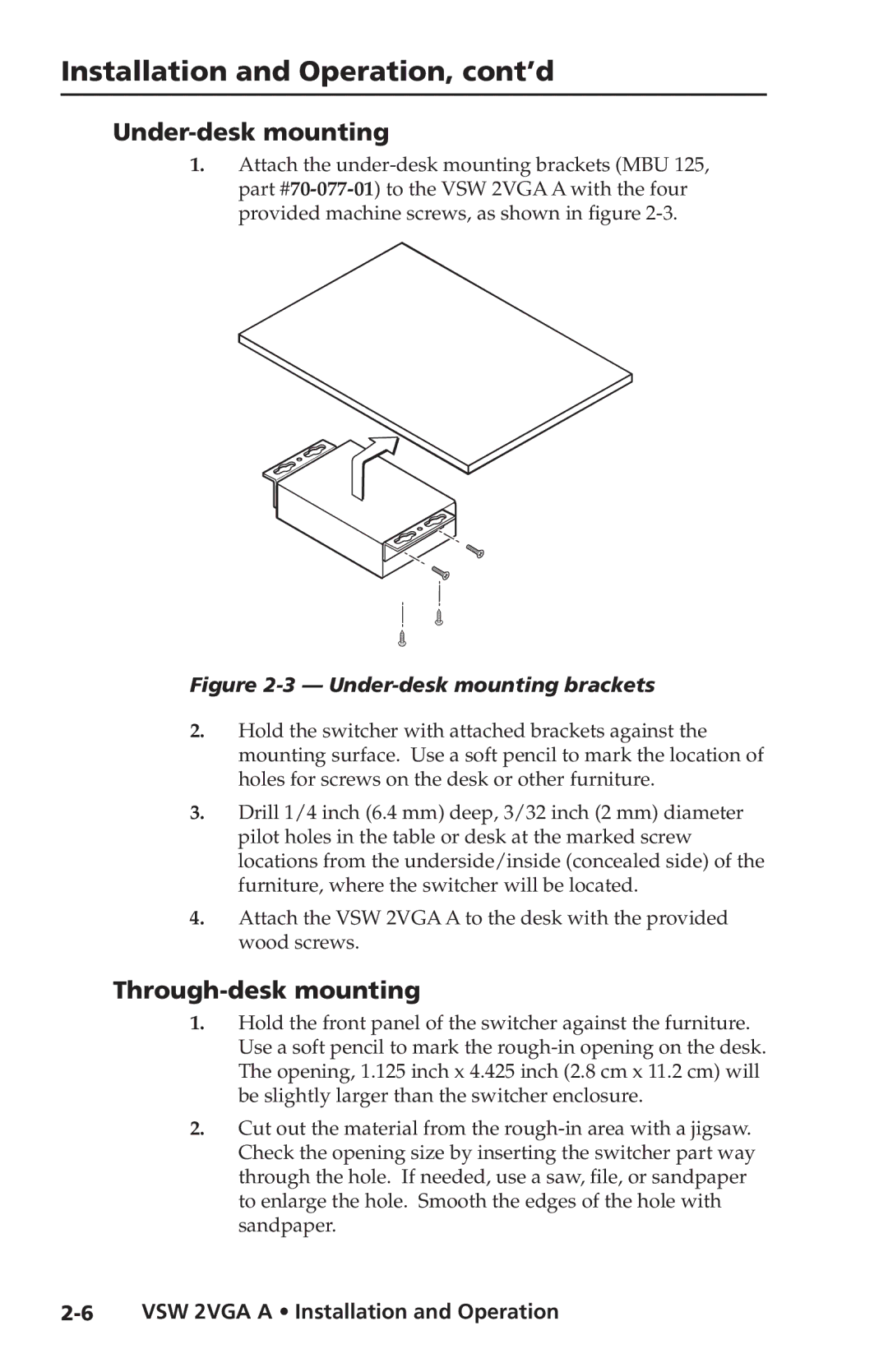 Extron electronic VSW 2VGA A user manual Under-desk mounting, Through-desk mounting 