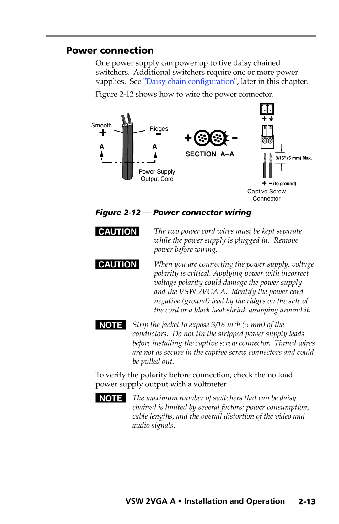 Extron electronic VSW 2VGA A user manual Power connection, shows how to wire the power connector 