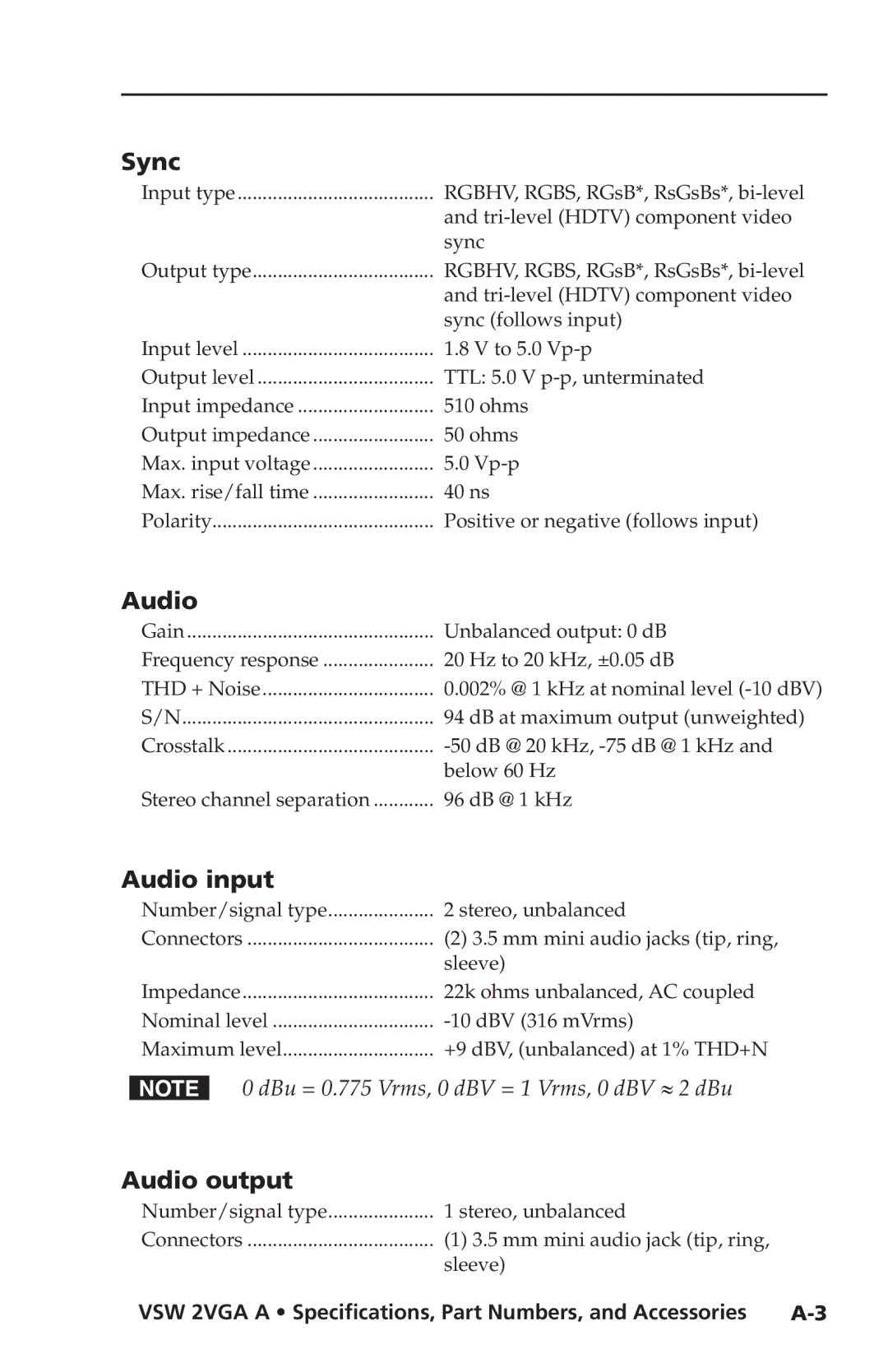 Extron electronic VSW 2VGA A user manual Sync, Audio input, Audio output 