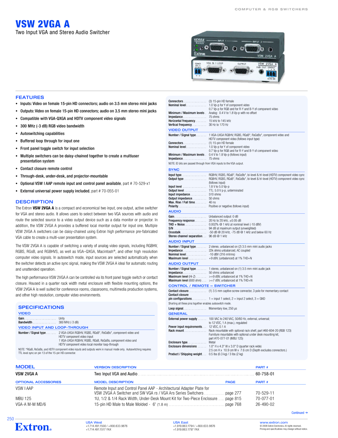 Extron electronic VSW 2VGA A specifications Video output, Sync, Audio input, Audio output, Control / remote switcher 