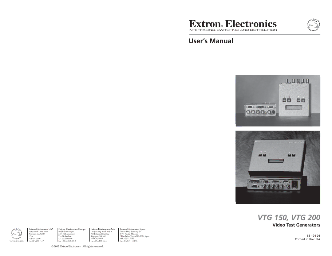 Extron electronic VTG 200 user manual VTG 150, VTG, Video Test Generators 