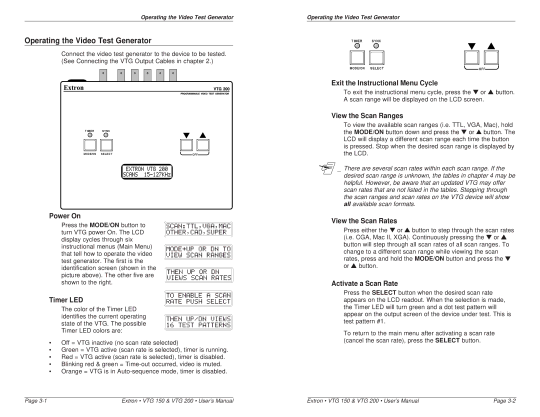 Extron electronic VTG 150, VTG 200 user manual Operating the Video Test Generator 