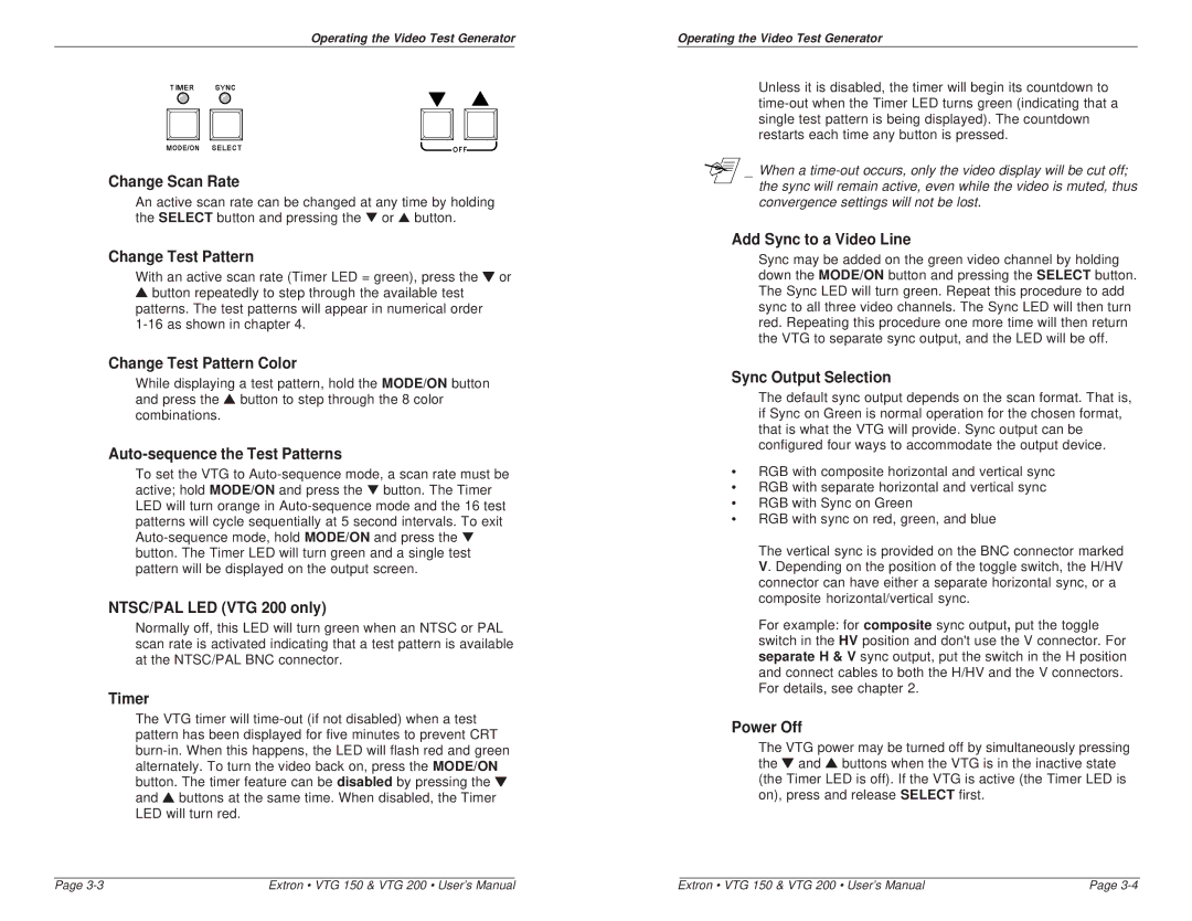 Extron electronic VTG 200, VTG 150 Change Scan Rate, Change Test Pattern Color, Auto-sequence the Test Patterns, Timer 