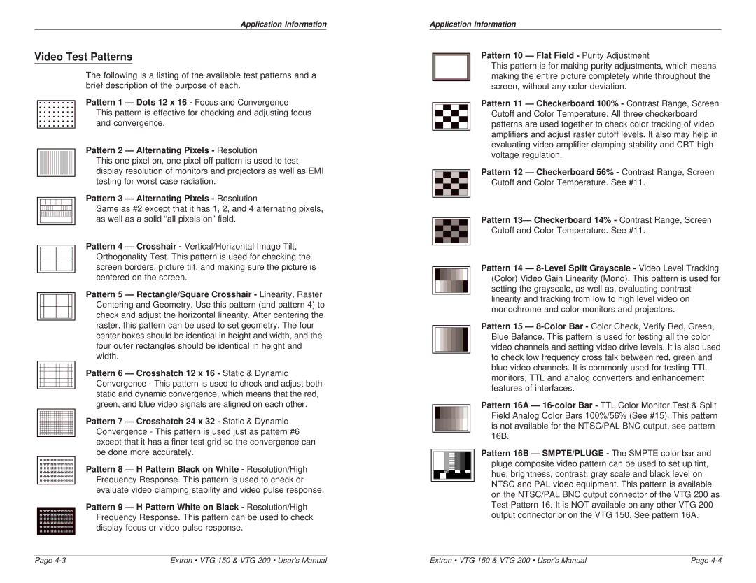 Extron electronic VTG 150, VTG 200 user manual Video Test Patterns, Pattern 3 Alternating Pixels Resolution 